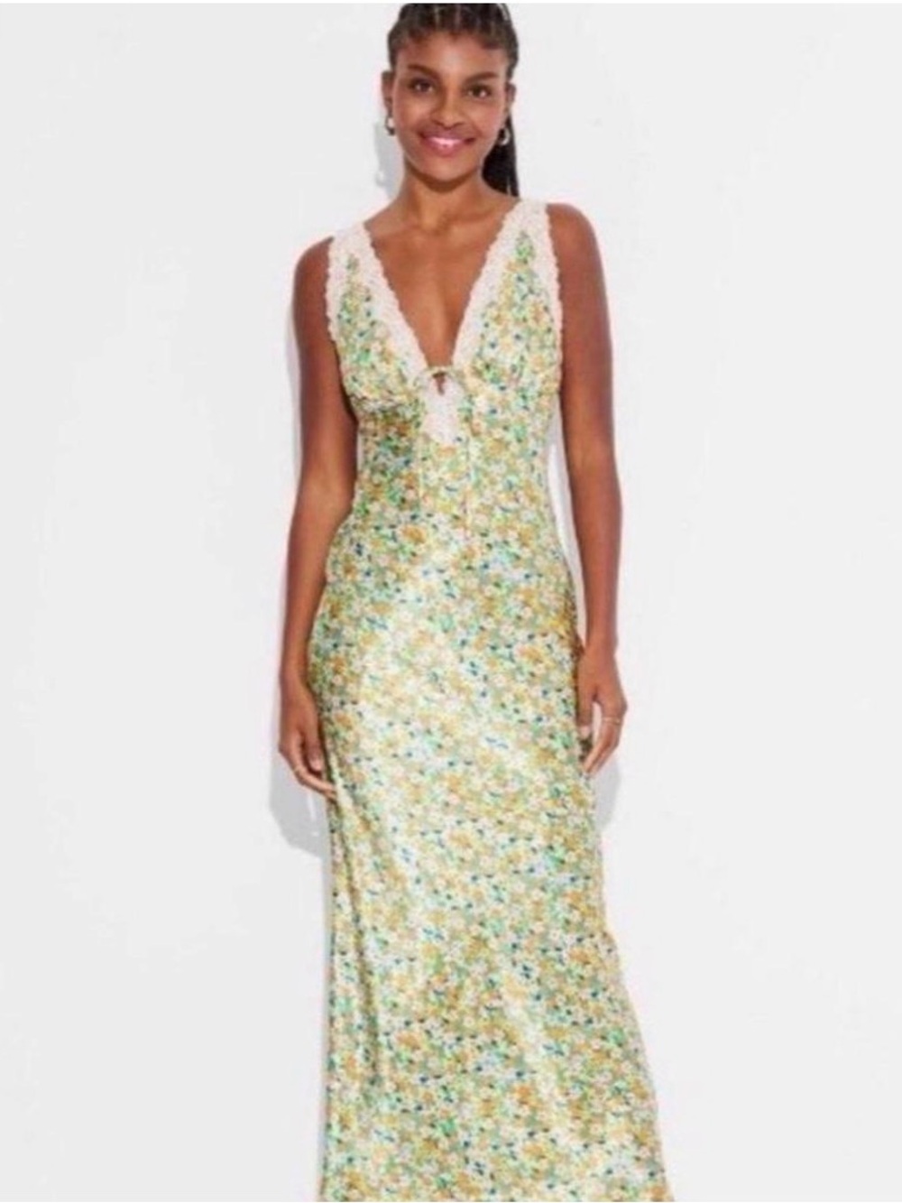 wild fable Yellow and Green Floral Lace-Trim Maxi Dress